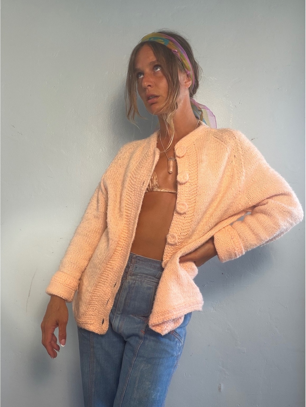 Hand-Knit Peach Button-Up Wool Cardigan Sweater